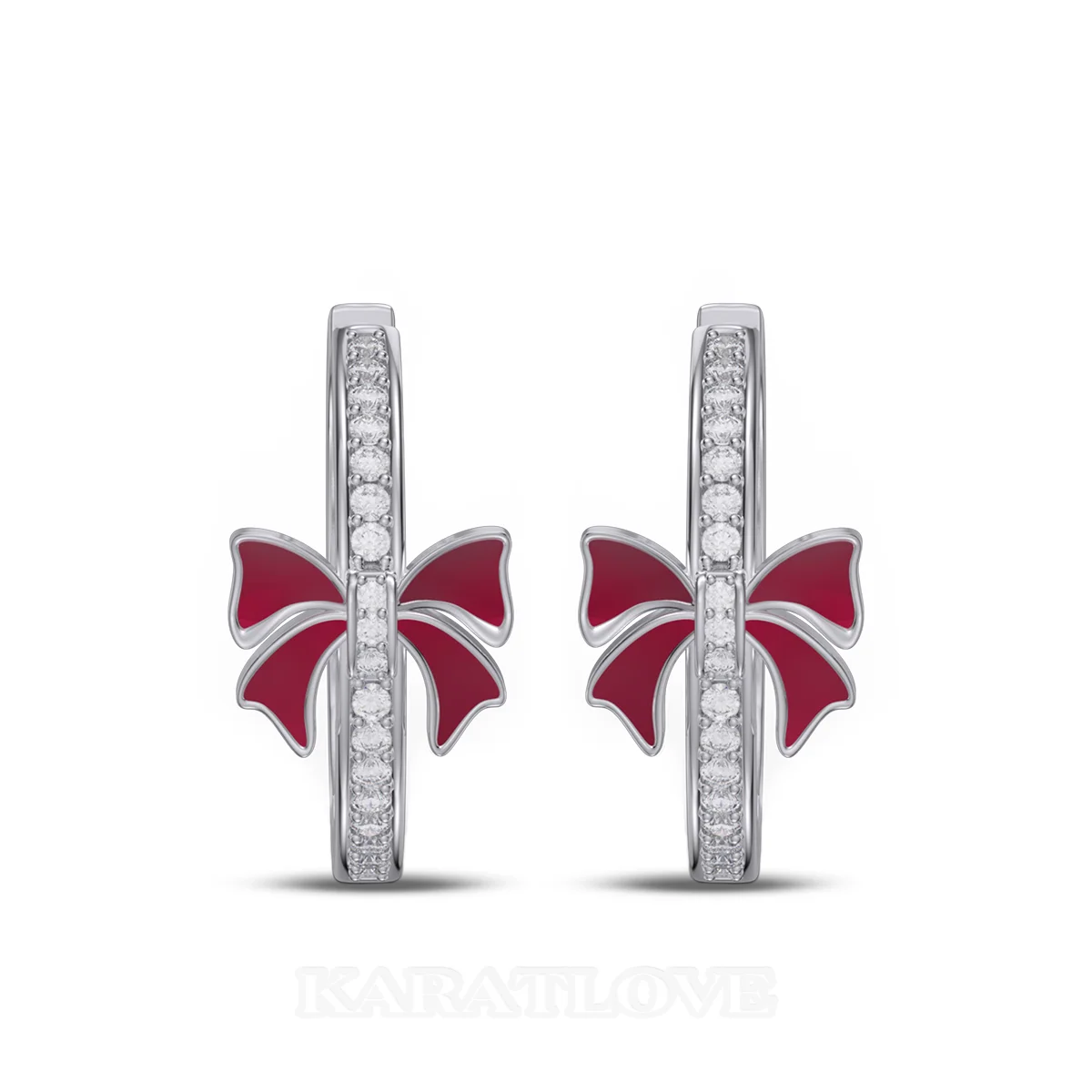 Boucles d'oreilles créoles en argent sterling blanc avec diamants taille ronde et nœud rouge - Idée cadeau Noël