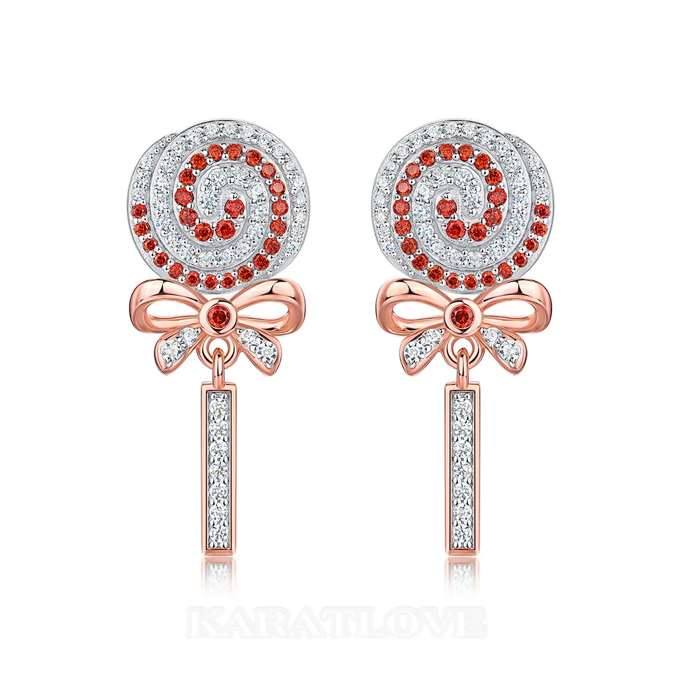 Boucles d'oreilles pendantes en argent sterling ornées de diamants blancs et rubis taille ronde avec un motif sucette et nœud