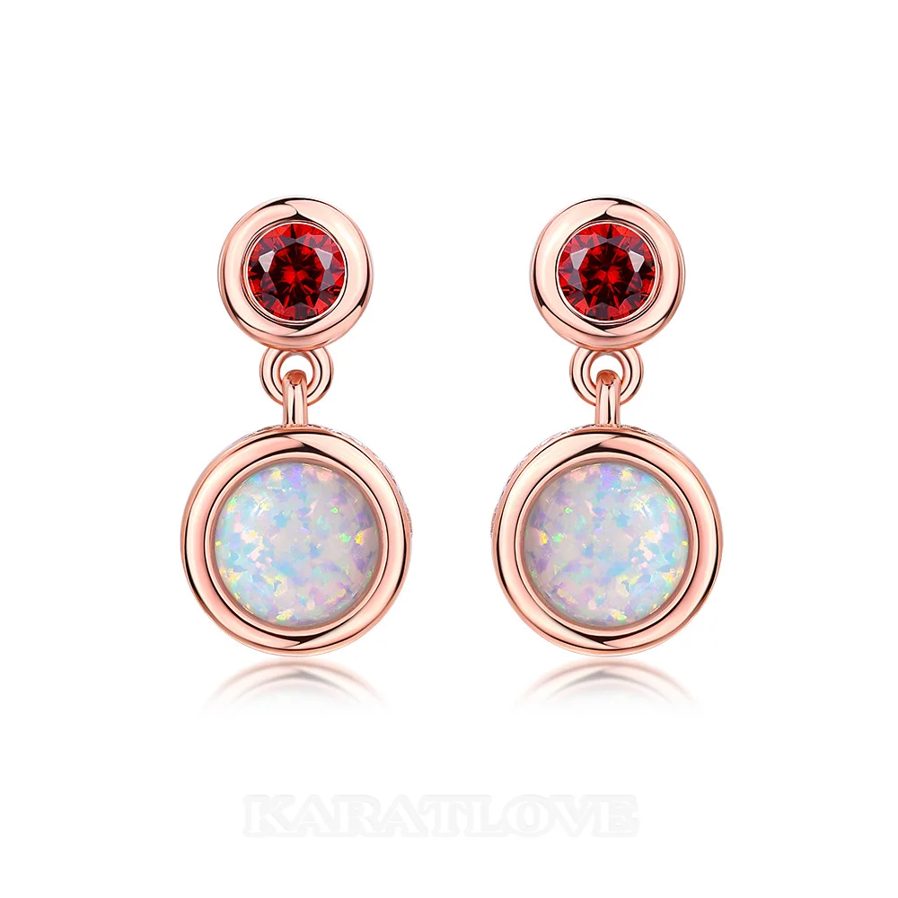 Boucles d'oreilles pendantes en argent sterling plaqué or rose avec opale taille ronde et rubis
