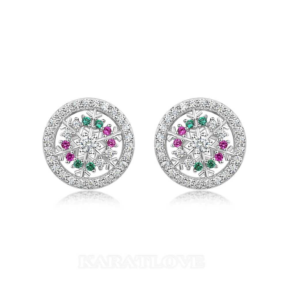 Boucles d'oreilles puces en argent sterling blanc avec diamants taille ronde et motif flocon de neige - Idée cadeau pour Noël