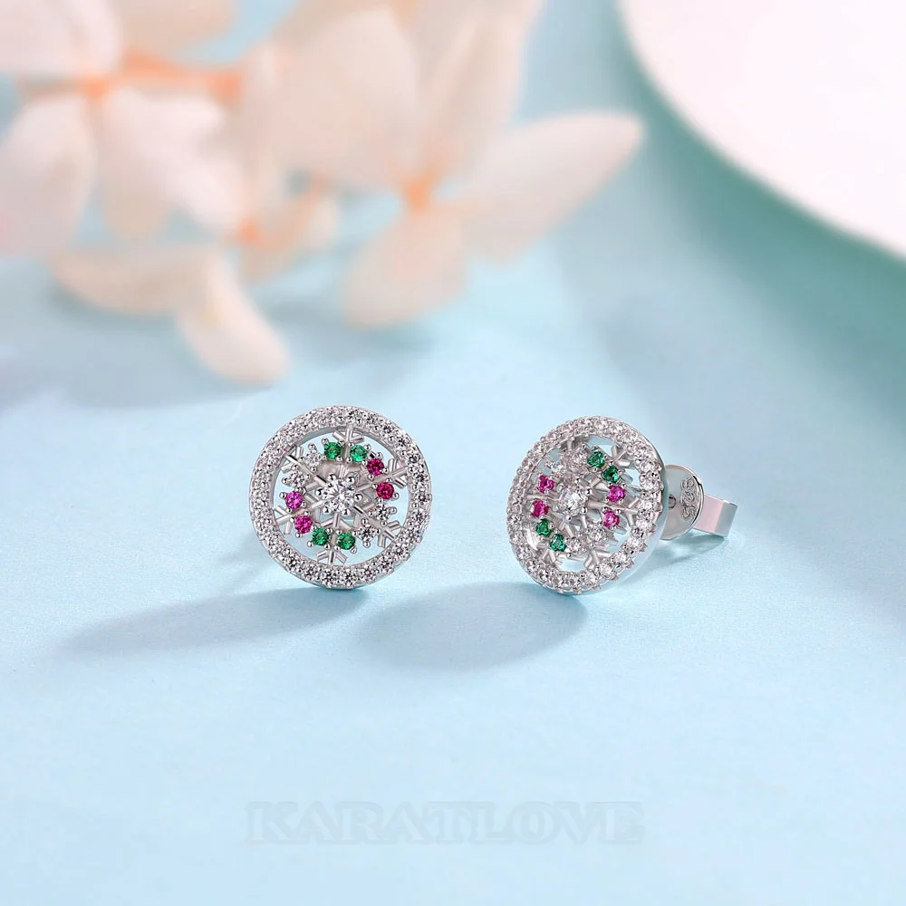 Boucles d'oreilles puces en argent sterling blanc avec diamants taille ronde et motif flocon de neige - Idée cadeau pour Noël