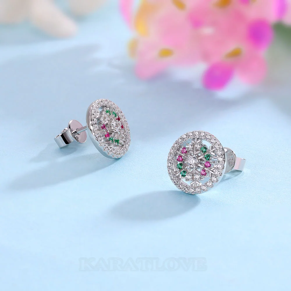 Boucles d'oreilles puces en argent sterling blanc avec diamants taille ronde et motif flocon de neige - Idée cadeau pour Noël