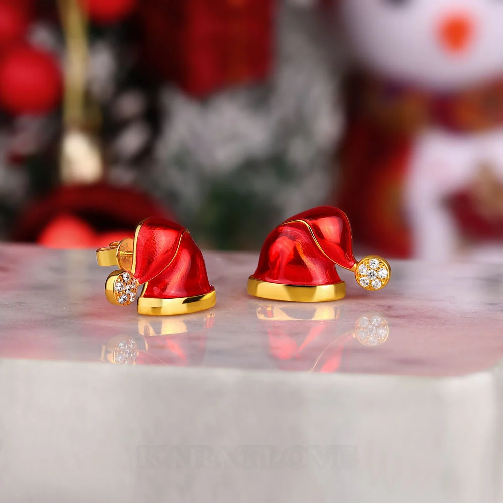 Boucles d'oreilles puces en forme de chapeau de Père Noël, or blanc et jaune et argent sterling, diamants taille ronde