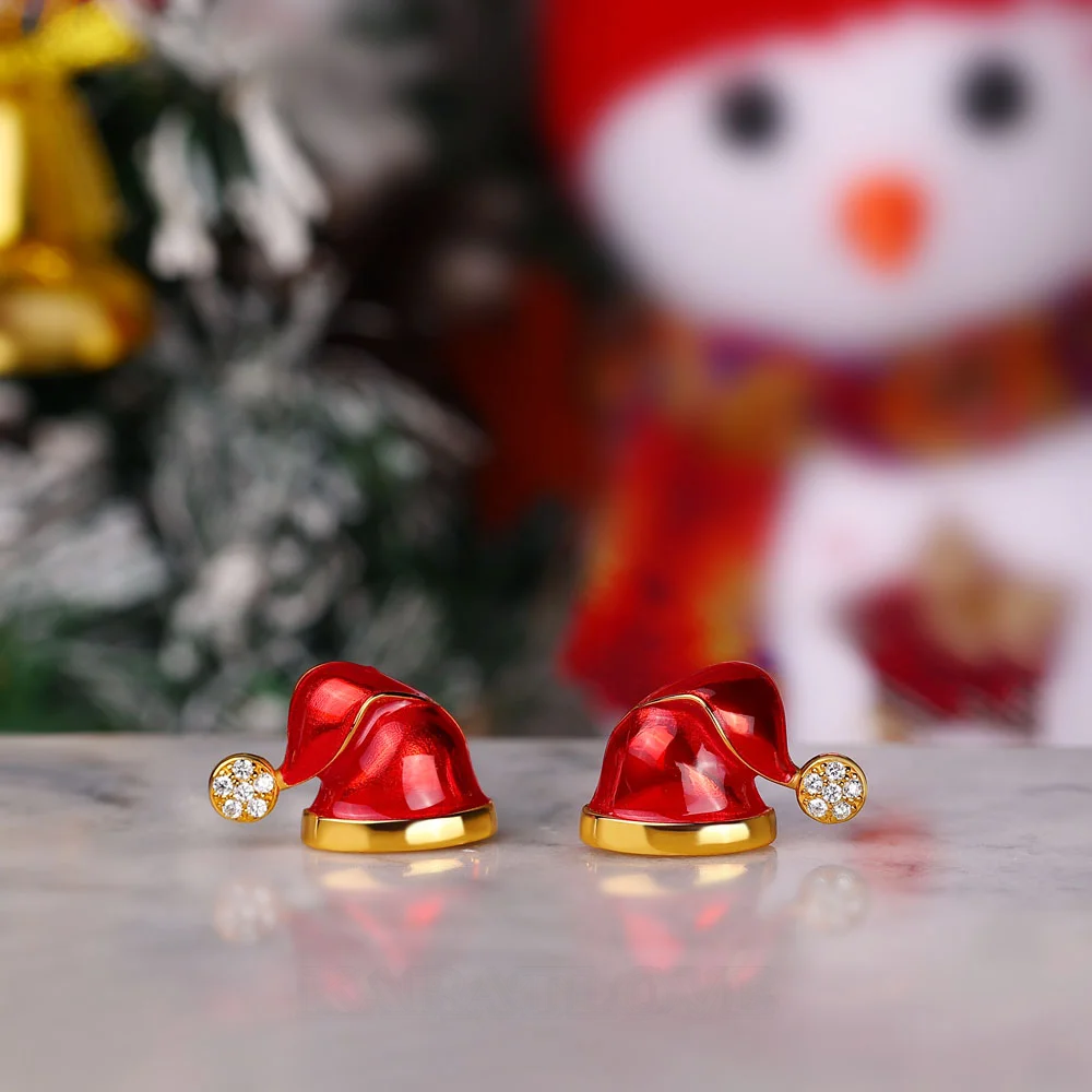Boucles d'oreilles puces en forme de chapeau de Père Noël, or blanc et jaune et argent sterling, diamants taille ronde