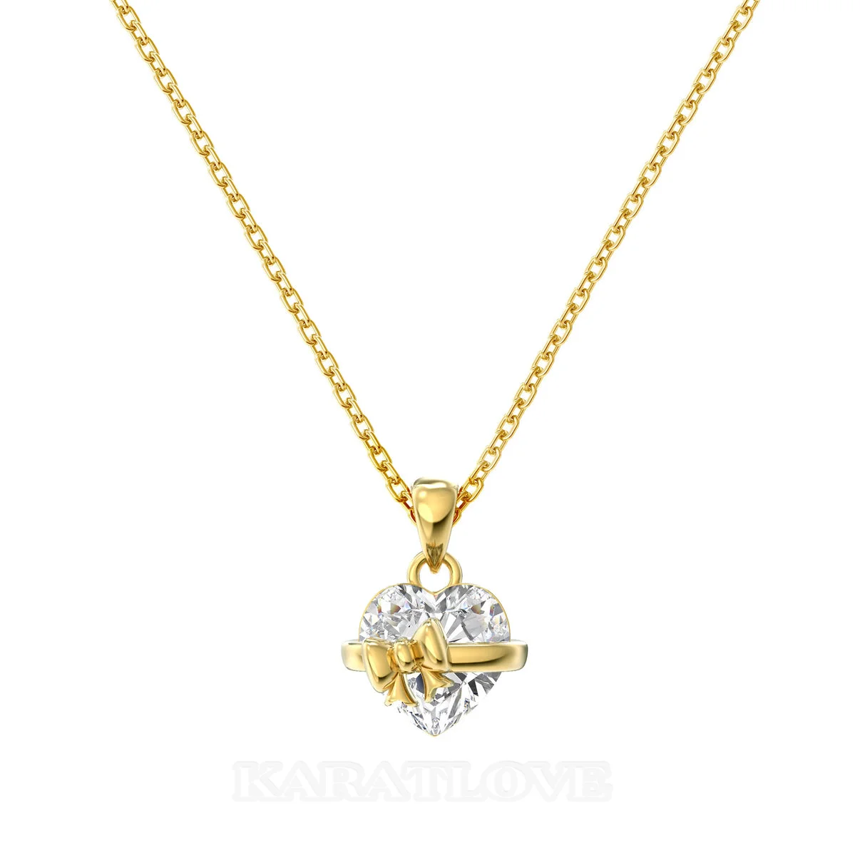 Collier pendentif en or jaune et argent sterling avec diamant taille cœur, nœud papillon et cœur blanc 18” (45cm) 