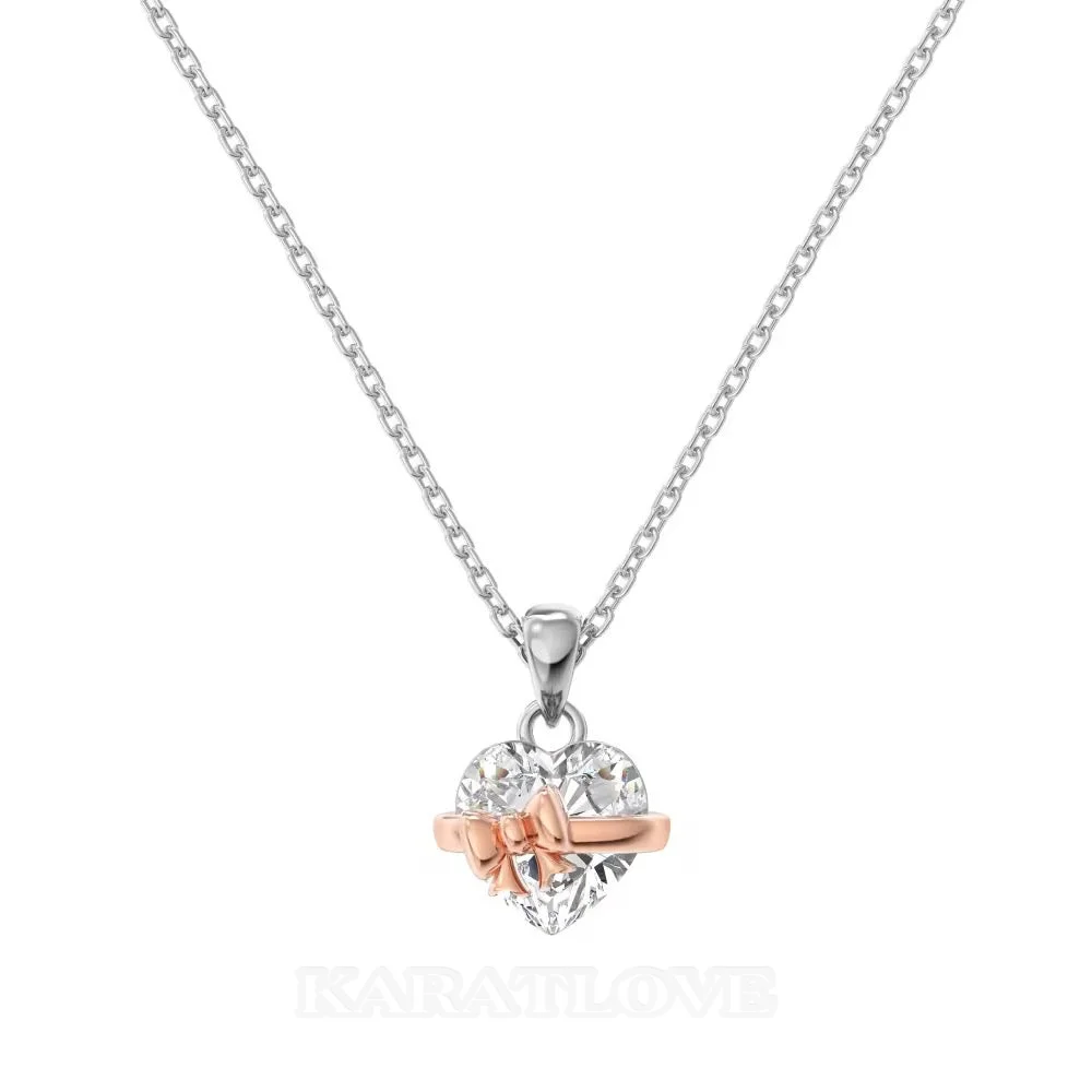 Collier pendentif en or rose et argent sterling avec diamant taille cœur, nœud papillon et cœur blanc 18” (45cm) 
