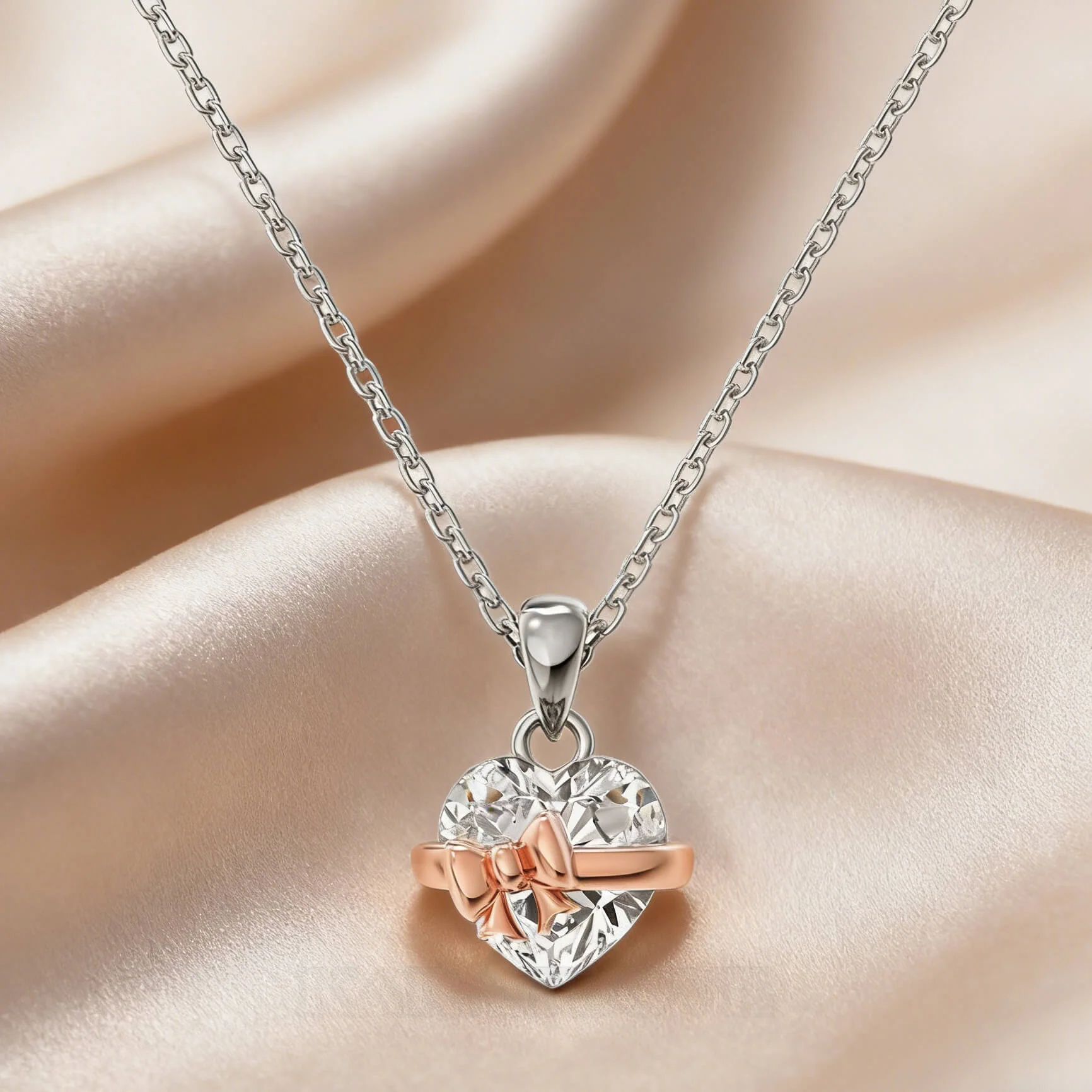 Collier pendentif en or rose et argent sterling avec diamant taille cœur, nœud papillon et cœur blanc 18” (45cm) 