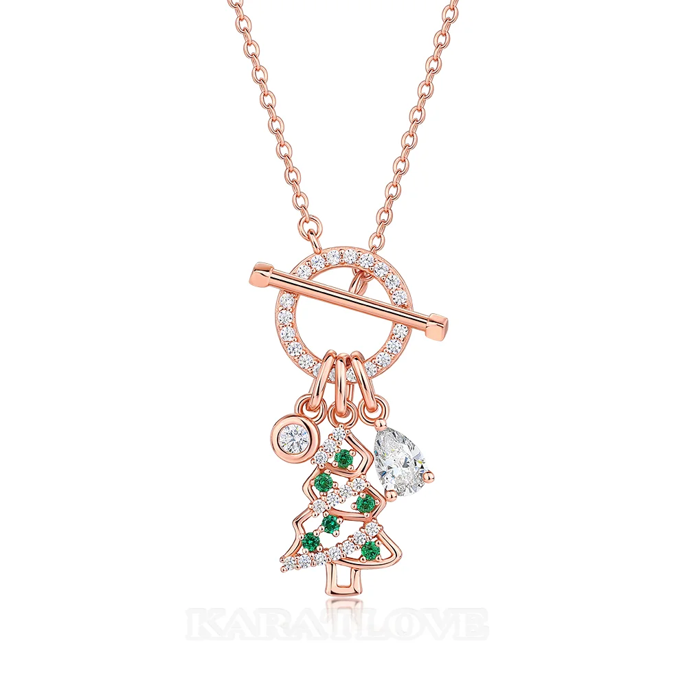 Collier à fermoir sapin de Noël en argent sterling, or rose blanc et diamants taille poire