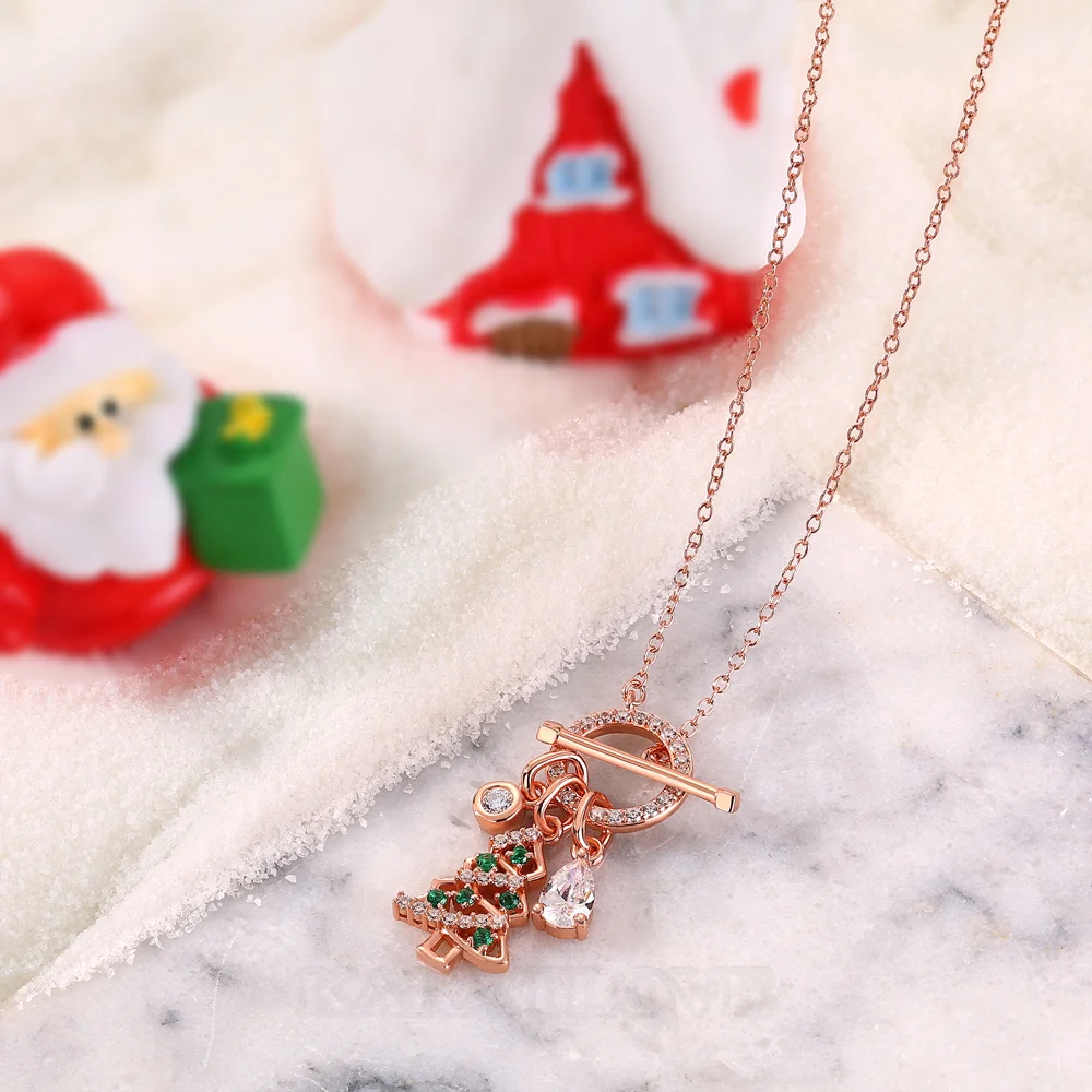 Collier à fermoir sapin de Noël en argent sterling, or rose blanc et diamants taille poire