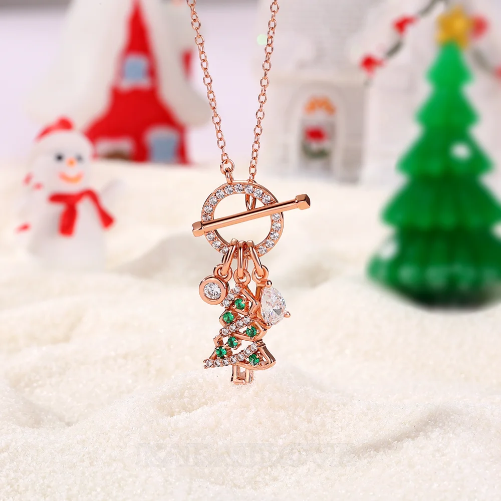 Collier à fermoir sapin de Noël en argent sterling, or rose blanc et diamants taille poire