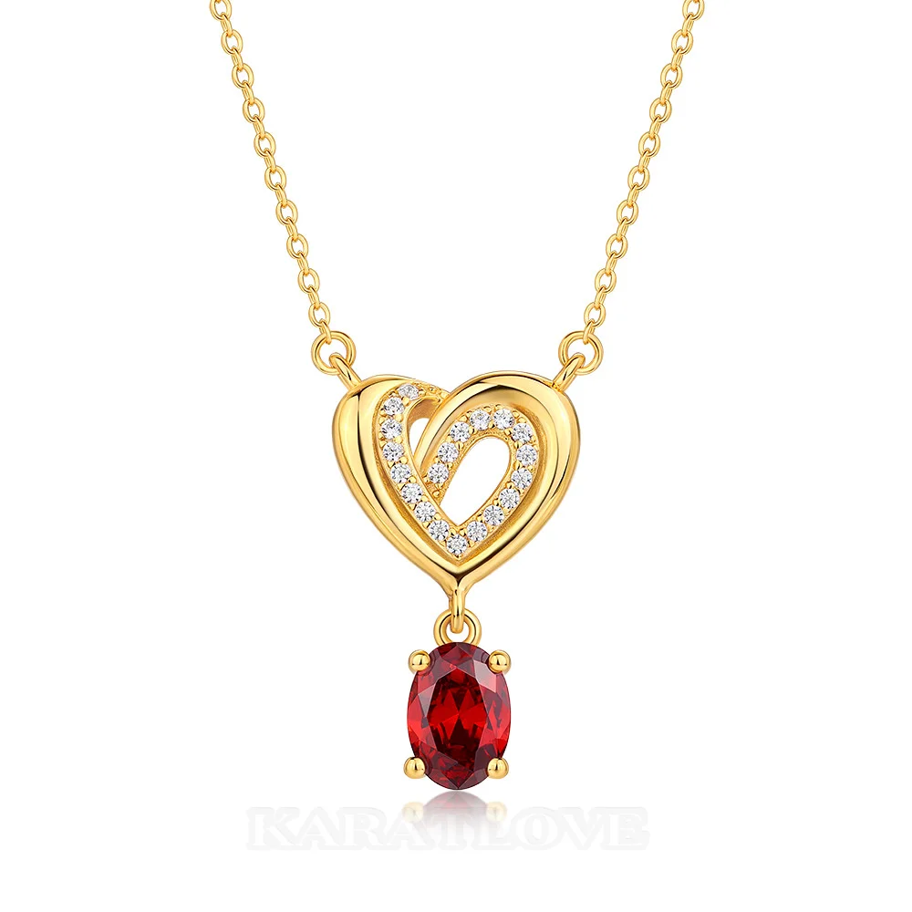 Collier pendentif cœur ovale en or jaune et argent sterling avec rubis taillé, cadeau pour elle