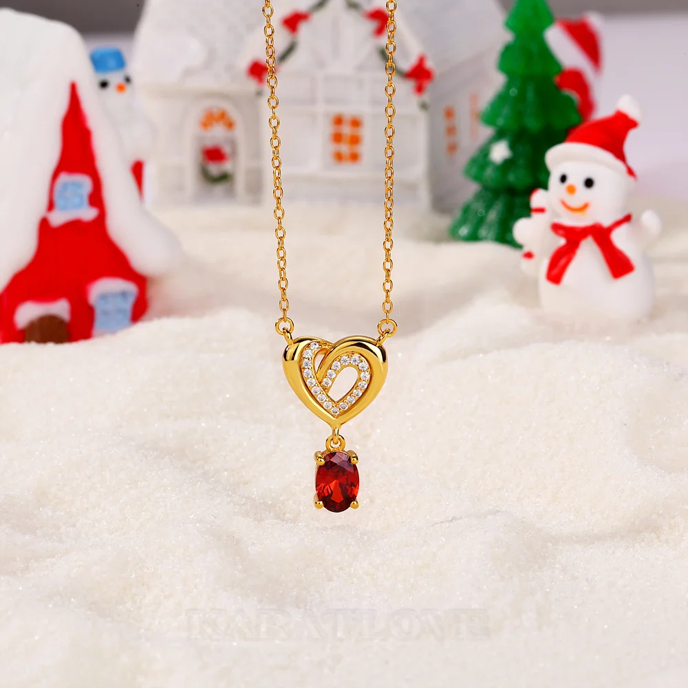 Collier pendentif cœur ovale en or jaune et argent sterling avec rubis taillé, cadeau pour elle