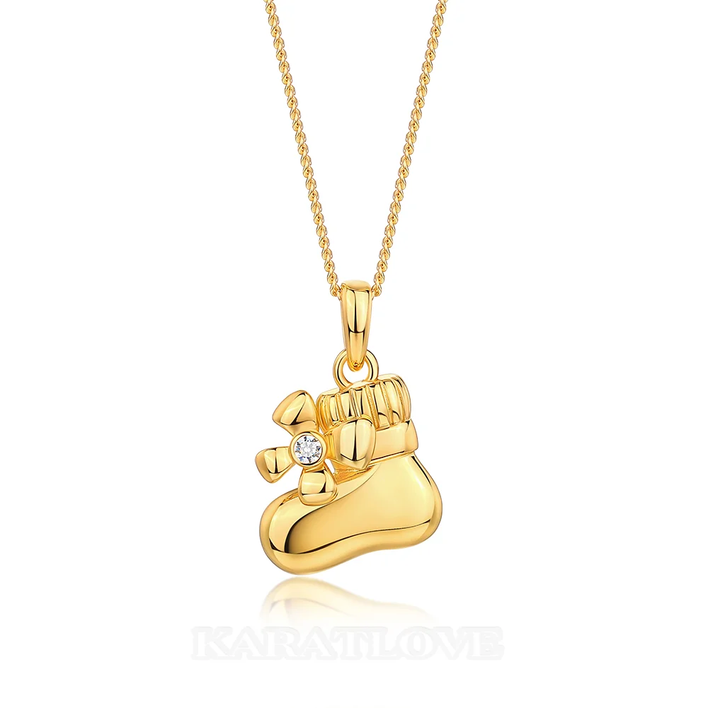 Collier pendentif trèfle en forme de chausson bébé, or blanc ou jaune, diamant taille ronde et argent sterling