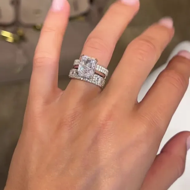 Bague en argent 925 avec diamant radiant blanc en 3 parties