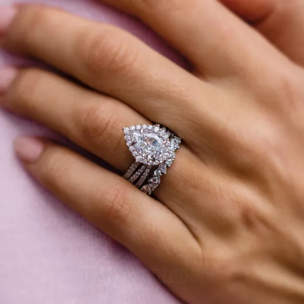 Bague 3 pièces en argent 925 avec diamant blanc en forme de poire et de halo