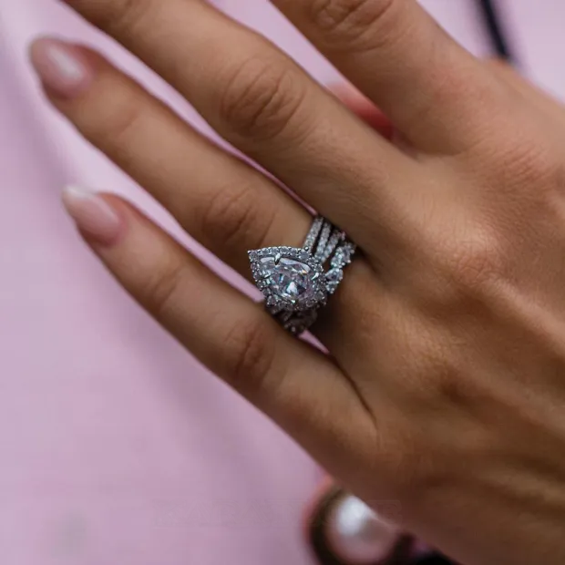 Bague 3 pièces en argent 925 avec diamant blanc en forme de poire et de halo