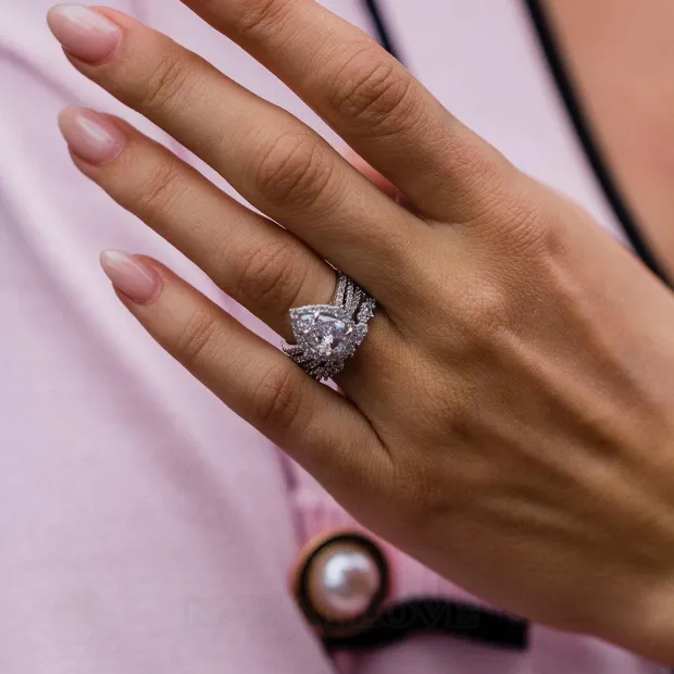 Bague 3 pièces en argent 925 avec diamant blanc en forme de poire et de halo