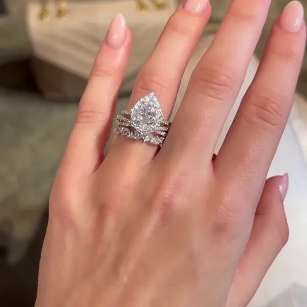 Bague 3 pièces en argent 925 avec diamant blanc en forme de poire et de halo