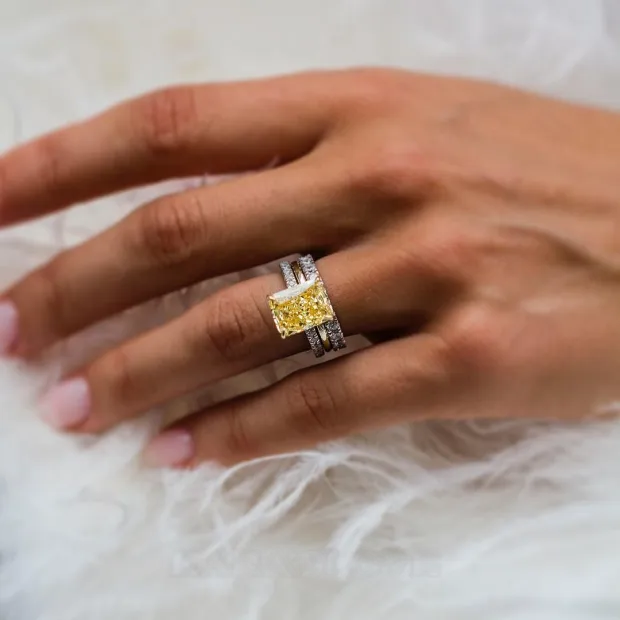 Bague en argent 925 avec citrine jaune à taille radieuse 3 pièces