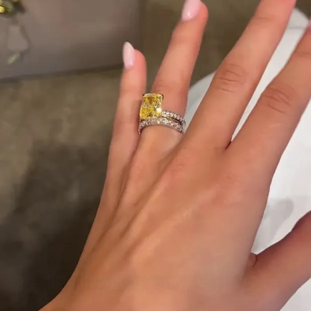 Bague en argent 925 avec citrine jaune à taille radieuse 3 pièces