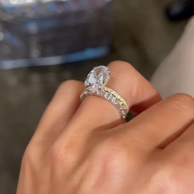 Bague en argent sterling 925 avec diamant ovale blanc en or jaune classique