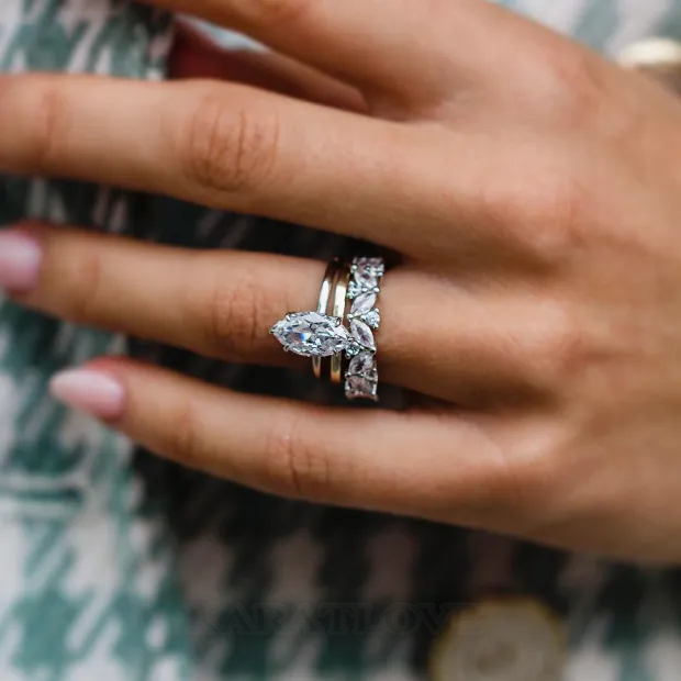 Bague en argent 925 avec solitaire en diamant blanc taillé en marquise 3 pièces