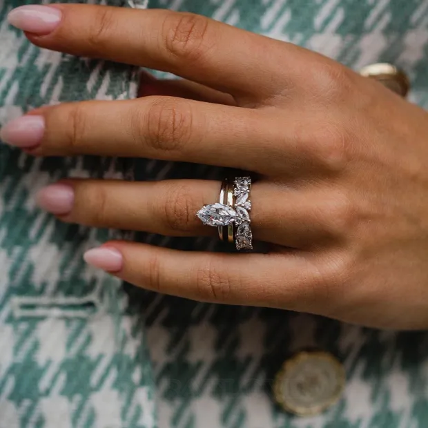Bague en argent 925 avec solitaire en diamant blanc taillé en marquise 3 pièces