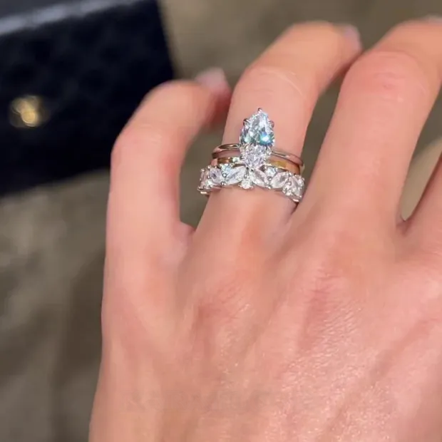 Bague en argent 925 avec solitaire en diamant blanc taillé en marquise 3 pièces