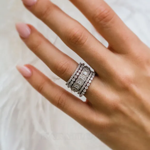 Ensemble de bagues 5 pièces en argent 925 avec diamant blanc taille émeraude