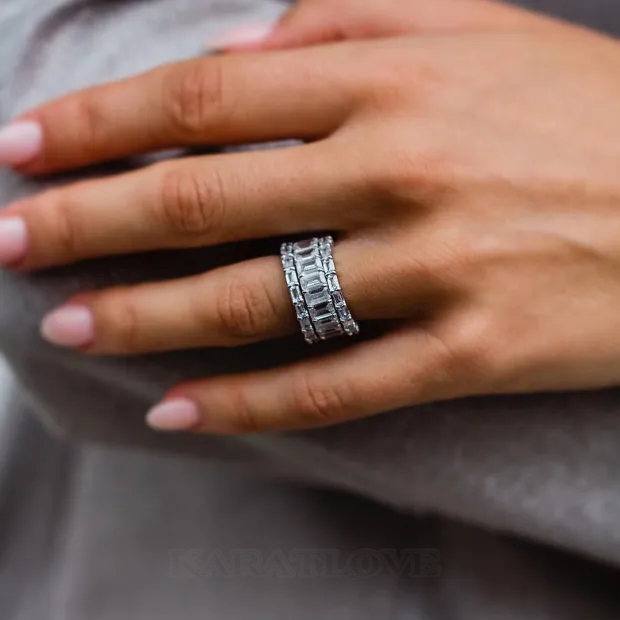 Bague en argent sterling 925 à 3 pierres en diamant blanc taille émeraude