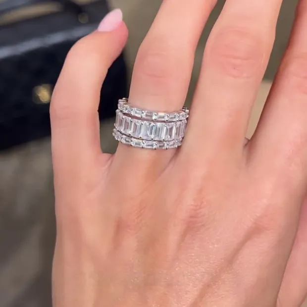Bague en argent sterling 925 à 3 pierres en diamant blanc taille émeraude