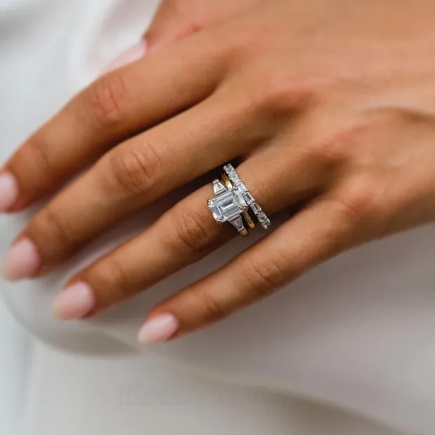 Bague 3 pièces en argent 925 emerald cut 3-stone diamond white