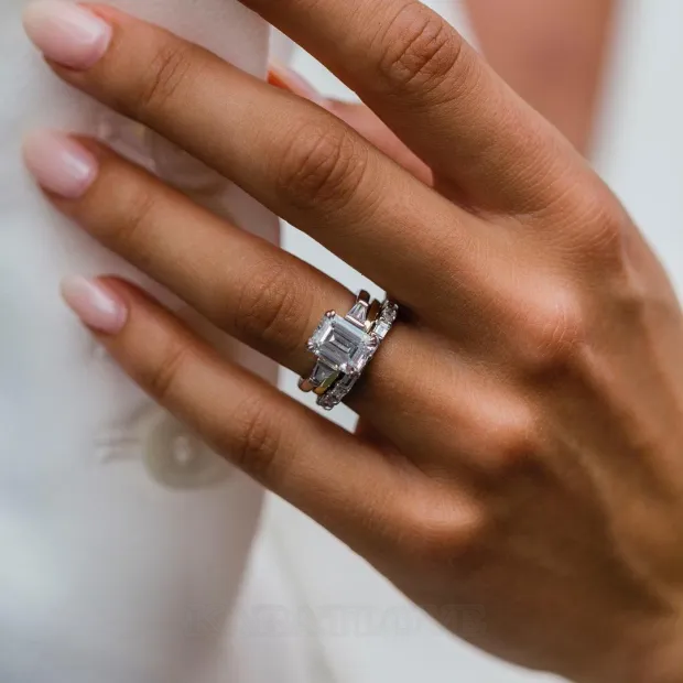 Bague 3 pièces en argent 925 emerald cut 3-stone diamond white