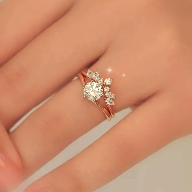 Bague en argent sterling 925 or rose avec solitaire en diamant blanc de taille ronde