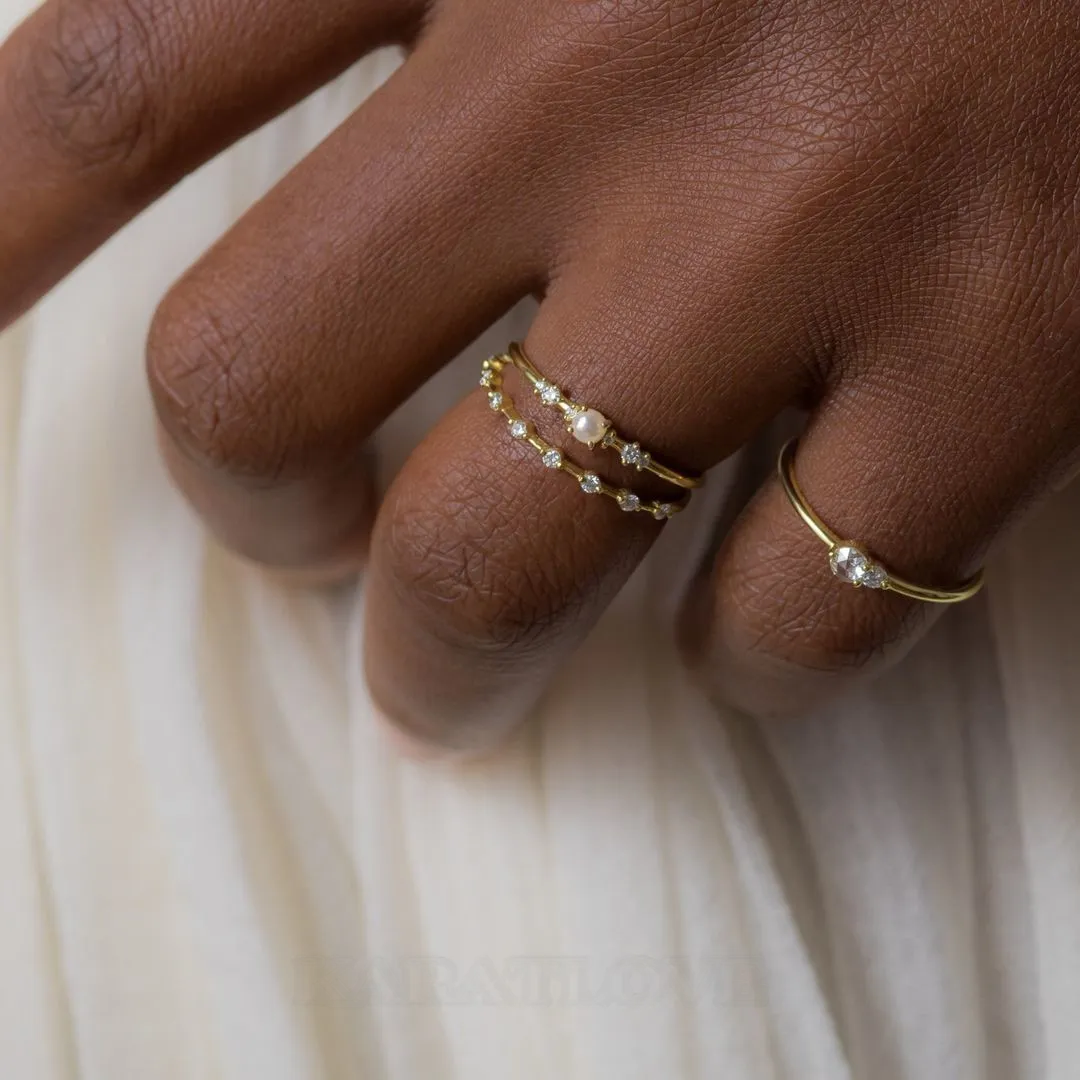 Bague minimaliste empilable 3 pièces en argent sterling 925 et or jaune avec perle ronde