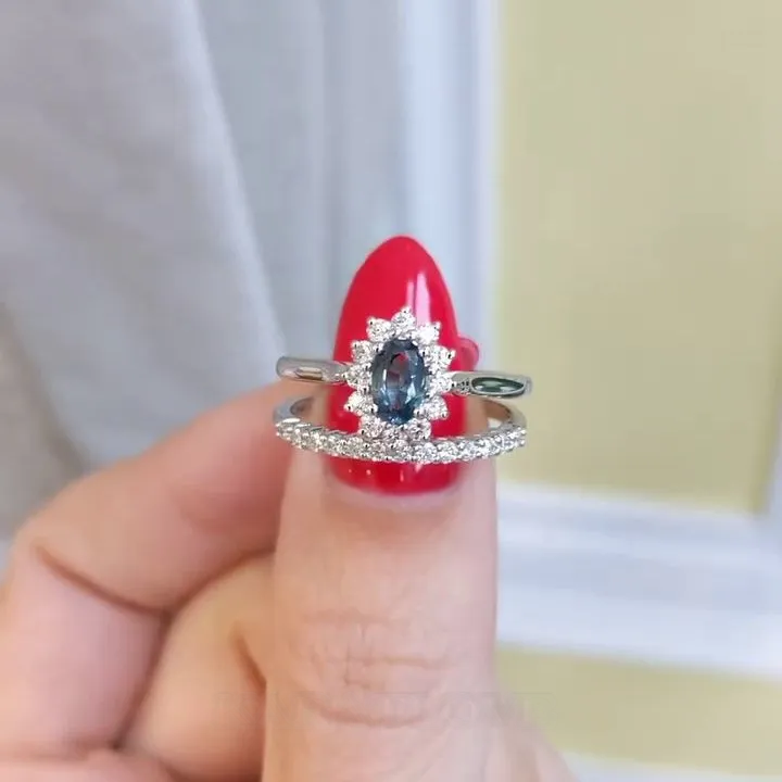 Bague de fiançailles en argent 925 avec saphir bleu de taille ovale
