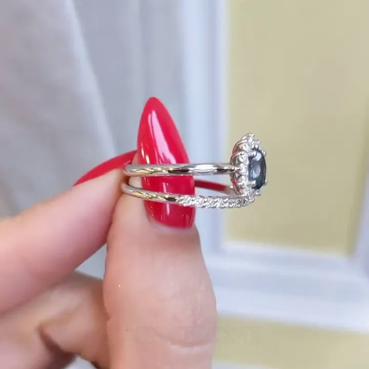 Bague de fiançailles en argent 925 avec saphir bleu de taille ovale