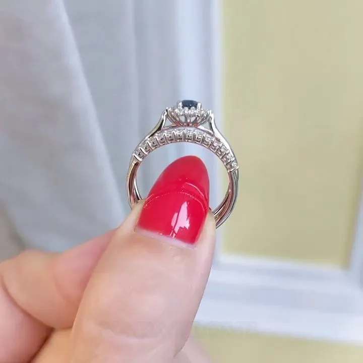 Bague de fiançailles en argent 925 avec saphir bleu de taille ovale