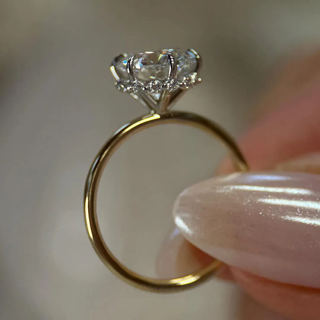 Bague de fiançailles en argent sterling et or avec halo de diamants ronds