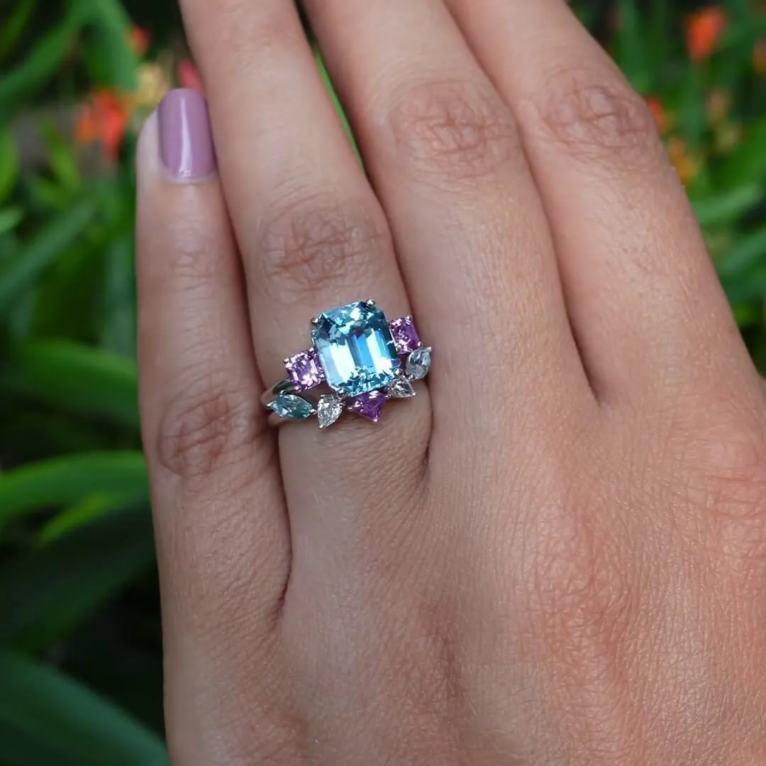 Bague 3 pierres en argent sterling avec aigue-marine taille émeraude