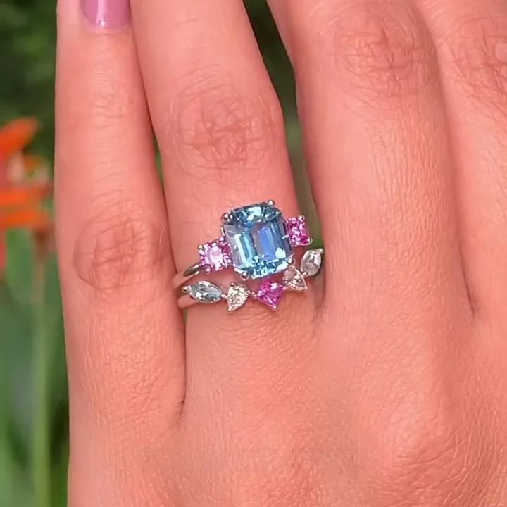 Bague 3 pierres en argent sterling avec aigue-marine taille émeraude