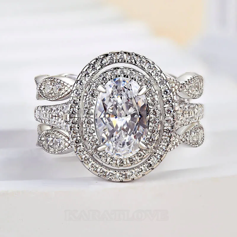 Bague à double halo en argent sterling blanc avec diamant de taille ovale