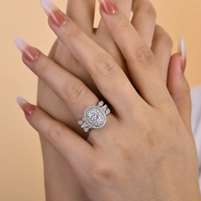 Bague à double halo en argent sterling blanc avec diamant de taille ovale