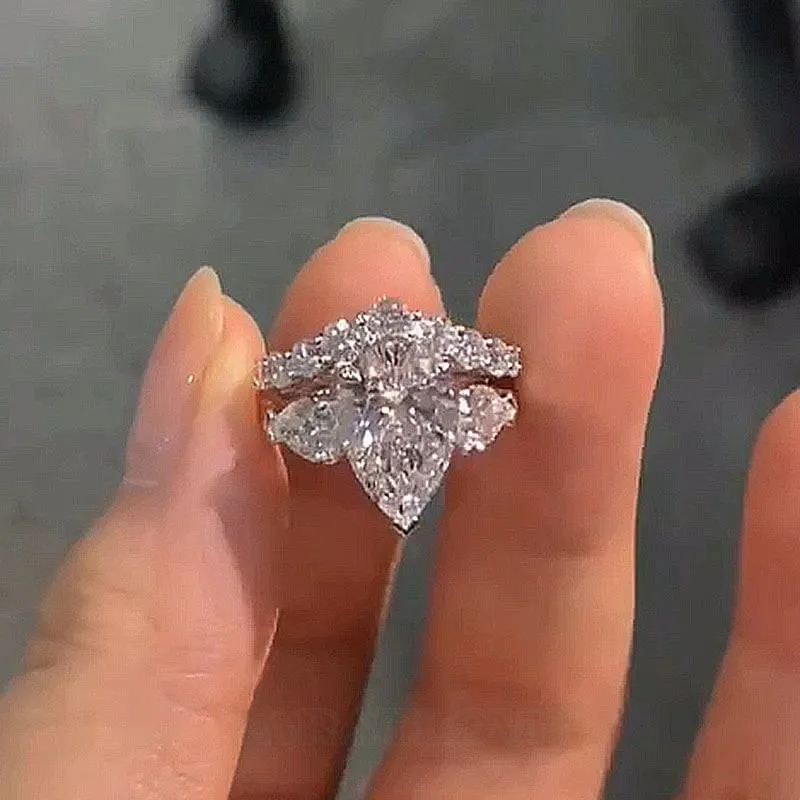 Bague 3 pierres en argent sterling blanc avec diamant taille poire
