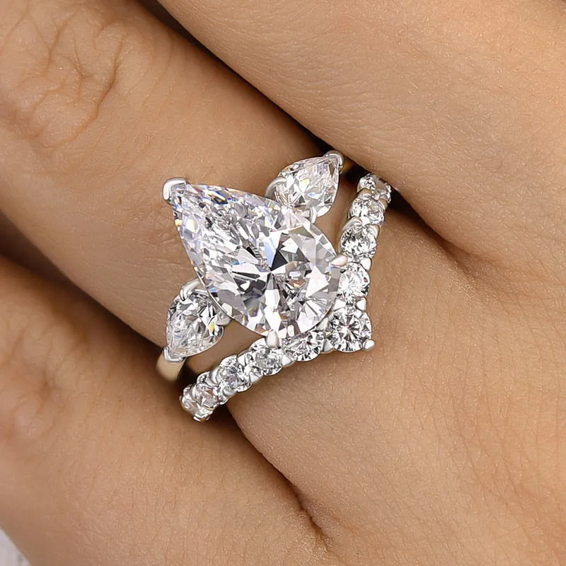 Bague 3 pierres en argent sterling blanc avec diamant taille poire