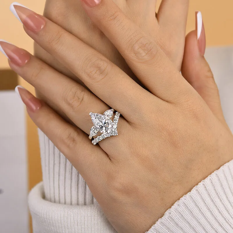 Bague 3 pierres en argent sterling blanc avec diamant taille poire