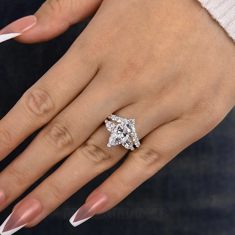 Bague 3 pierres en argent sterling blanc avec diamant taille poire