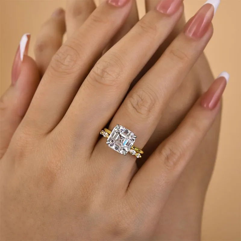 Bague solitaire en argent jaune blanc avec diamant de taille asscher