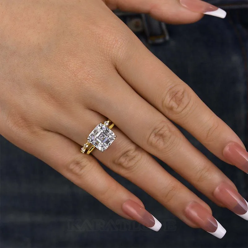 Bague solitaire en argent jaune blanc avec diamant de taille asscher