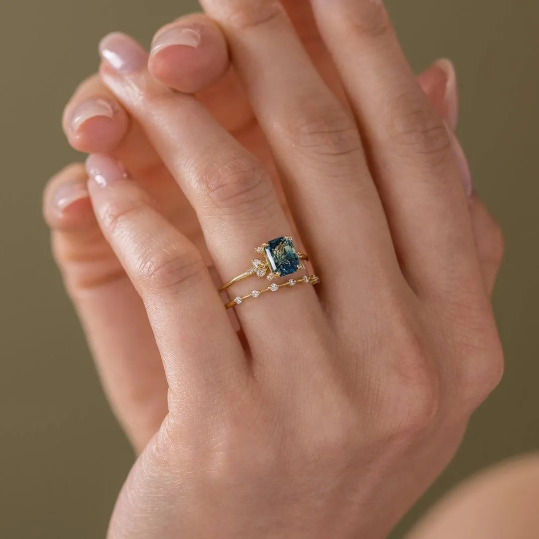 Emerald cut sapphire blue sterling silver yellow gold halo bridal sets